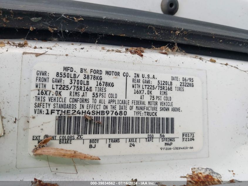 1995 Ford Econoline E250 Van VIN: 1FTHE24H4SHB97680 Lot: 39834562