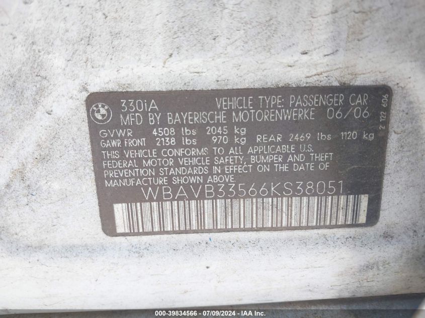 2006 BMW 330I VIN: WBAVB33566KS38051 Lot: 39834566