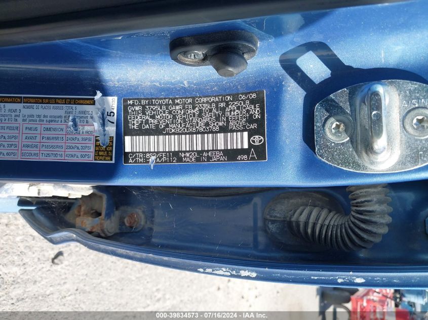2008 Toyota Prius VIN: JTDKB20UX87803788 Lot: 39834573