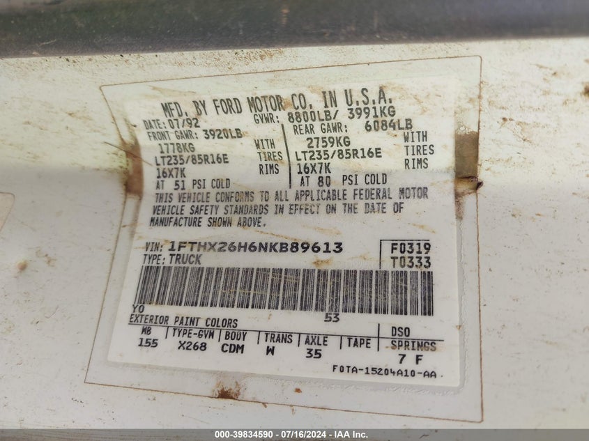 1992 Ford F250 VIN: 1FTHX26H6NKB89613 Lot: 39834590