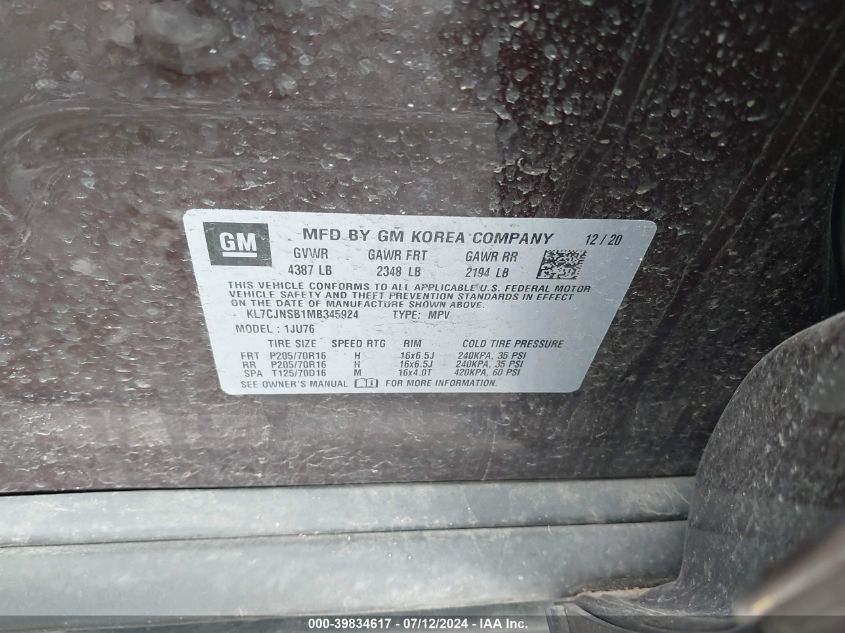 2021 Chevrolet Trax Ls VIN: KL7CJNSB1MB345924 Lot: 39834617