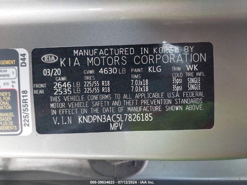 2020 Kia Sportage Ex VIN: KNDPN3AC5L7826185 Lot: 39834623
