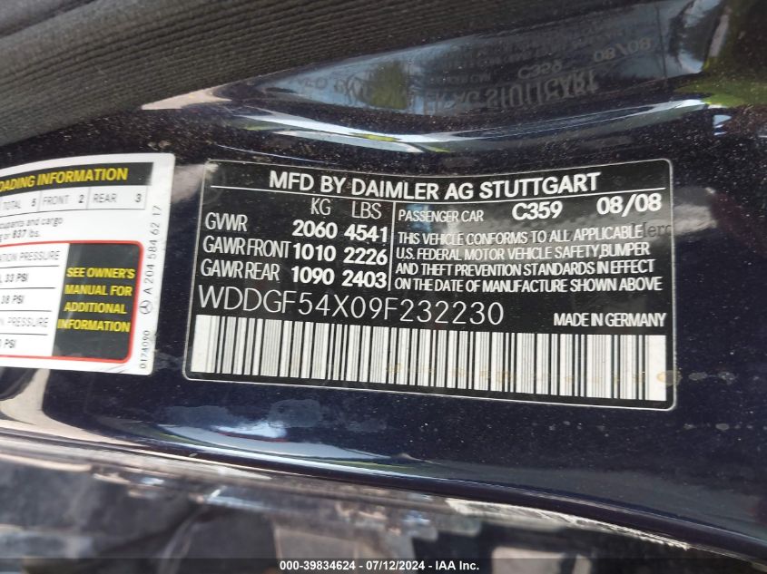 2009 Mercedes-Benz C 300 Luxury/Sport VIN: WDDGF54X09F232230 Lot: 39834624