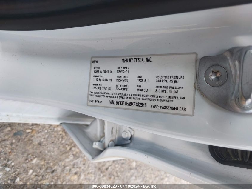 2019 Tesla Model 3 VIN: 5YJ3E1EA9KF482946 Lot: 39834629