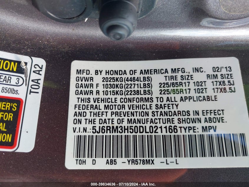 2013 Honda Cr-V Ex VIN: 5J6RM3H50DL021166 Lot: 39834636