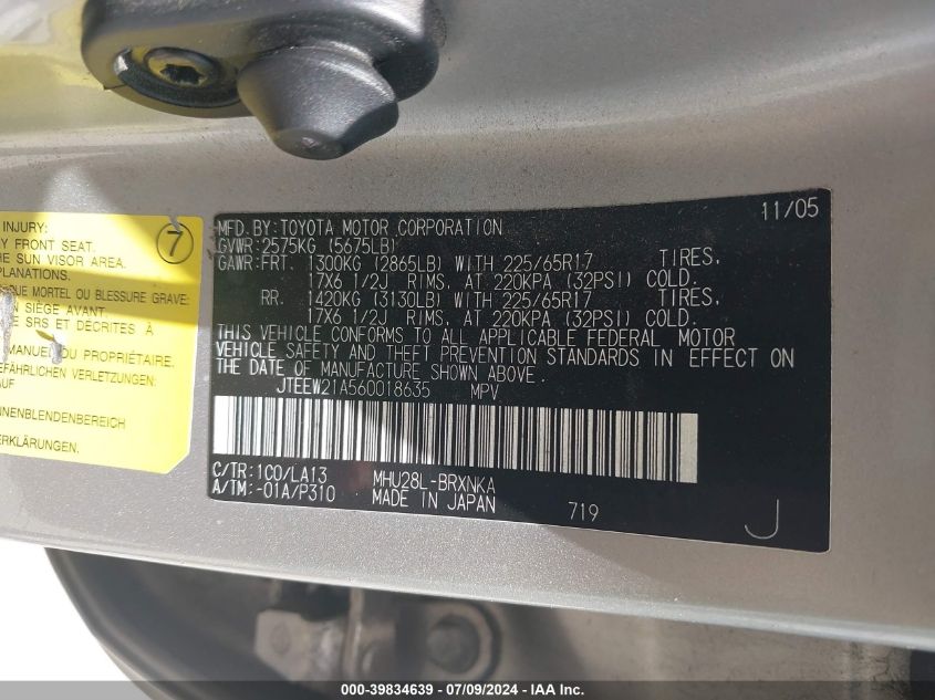 JTEEW21A560018635 2006 Toyota Highlander Hybrid Limited V6