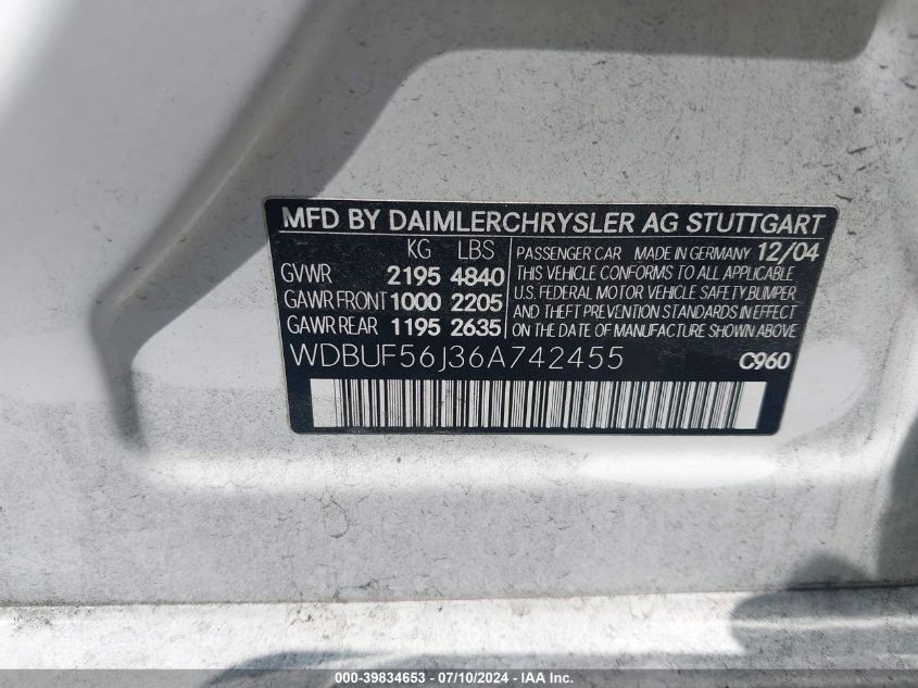 2006 Mercedes-Benz E 350 VIN: WDBUF56J36A742455 Lot: 39834653