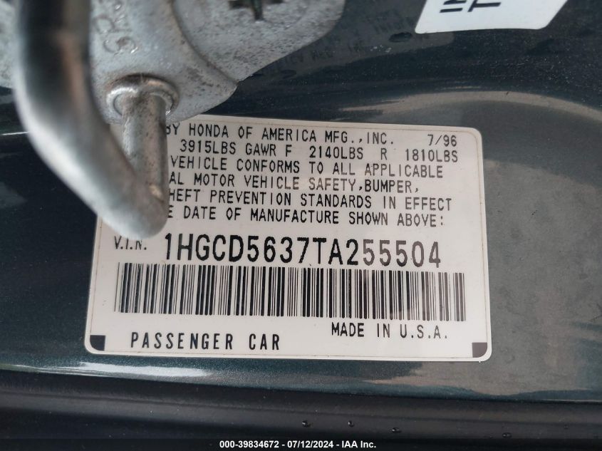 1996 Honda Accord Lx/Ex VIN: 1HGCD5637TA255504 Lot: 39834672
