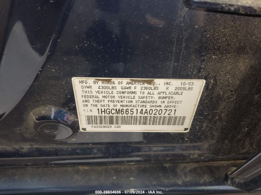 2004 Honda Accord 3.0 Ex VIN: 1HGCM66514A020721 Lot: 39834686