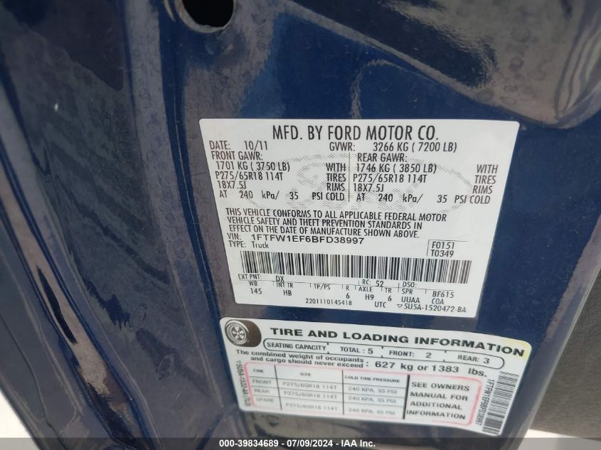 2011 Ford F-150 Lariat VIN: 1FTFW1EF6BFD38997 Lot: 39834689