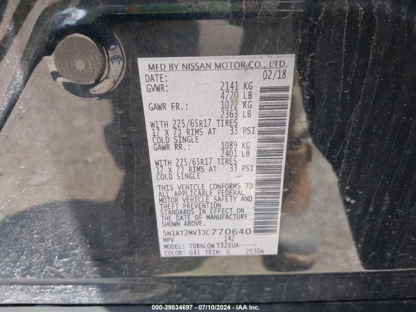 2018 Nissan Rogue Sv/Sl VIN: 5N1AT2MV3JC770640 Lot: 39834697