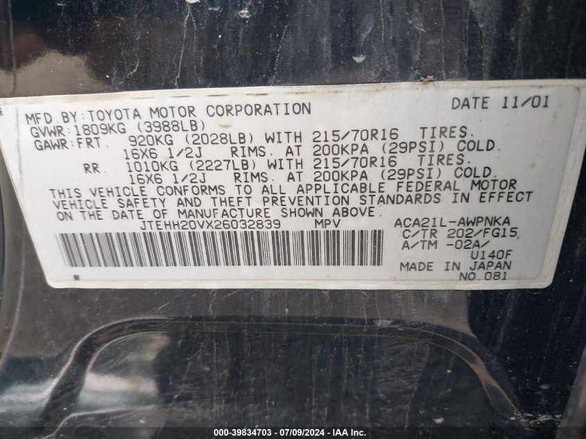 2002 Toyota Rav4 VIN: JTEHH20VX26032839 Lot: 39834703