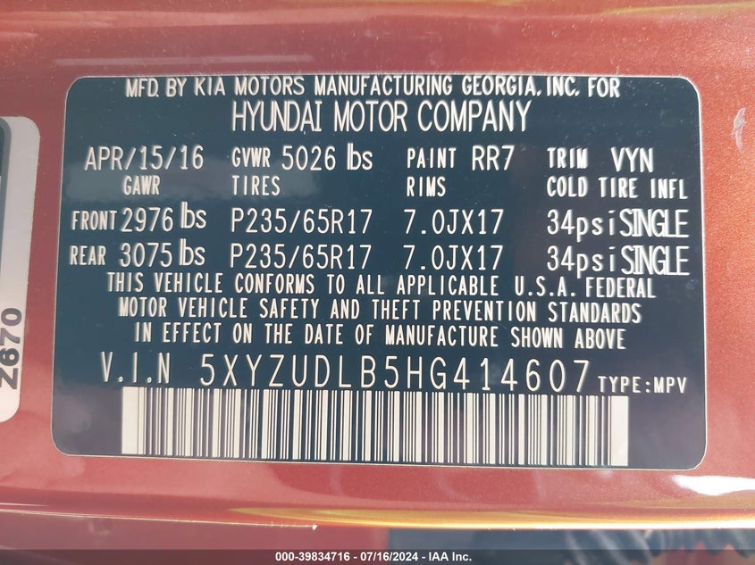 2017 Hyundai Santa Fe Sport 2.4L VIN: 5XYZUDLB5HG414607 Lot: 39834716