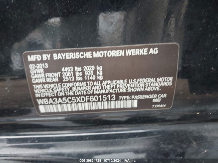 2013 BMW 3 Series 328I VIN: WBA3A5C5XDF601513 Lot: 39834728