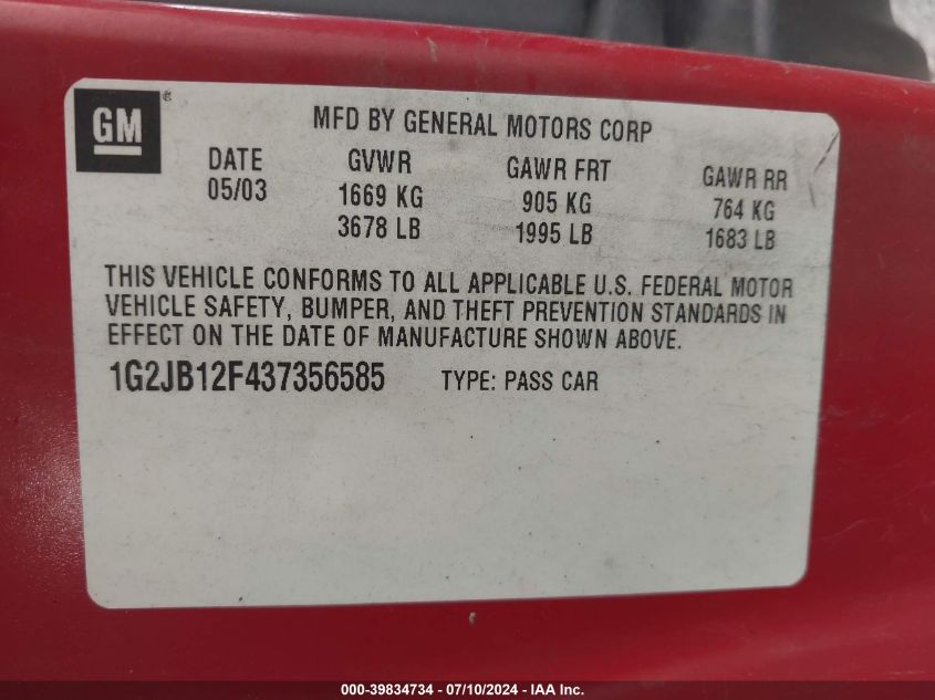 2003 Pontiac Sunfire VIN: 1G2JB12F437356585 Lot: 39834734