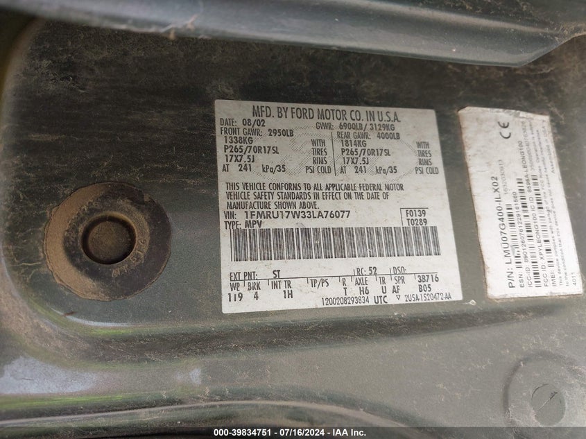 2003 Ford Expedition Eddie Bauer VIN: 1FMRU17W33LA76077 Lot: 39834751