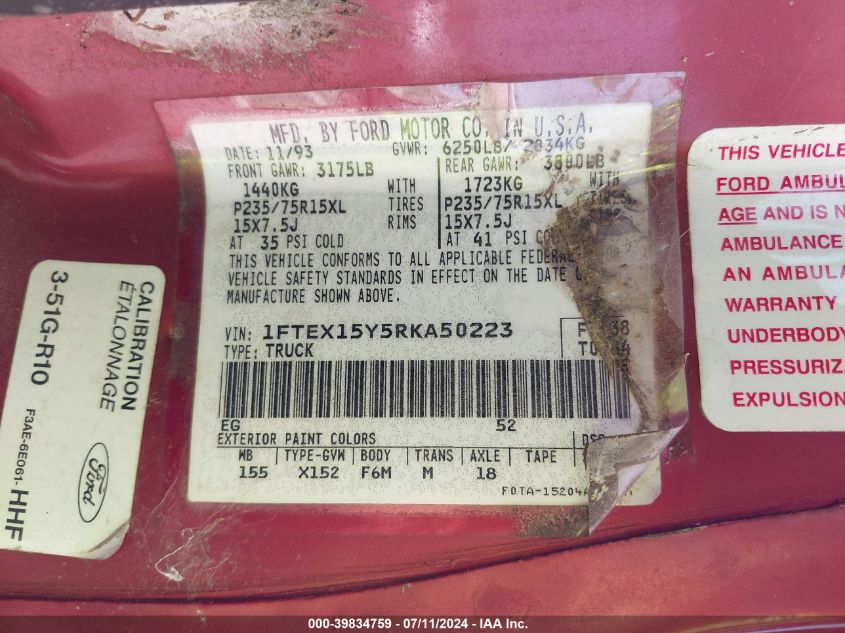 1994 Ford F150 VIN: 1FTEX15Y5RKA50223 Lot: 39834759