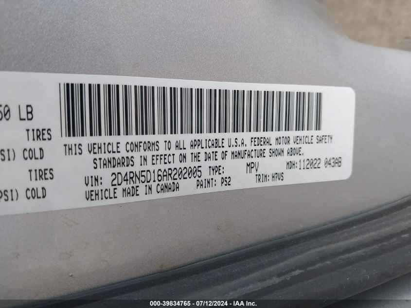 2010 Dodge Grand Caravan Sxt VIN: 2D4RN5D16AR202005 Lot: 39834765
