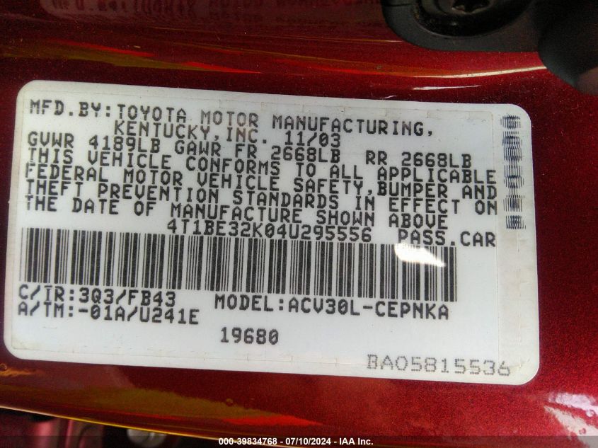 2004 Toyota Camry Le/Xle/Se VIN: 4T1BE32K04U295556 Lot: 39834768