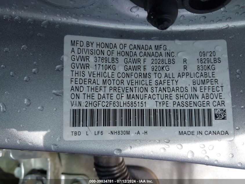 2020 Honda Civic Lx VIN: 2HGFC2F63LH585151 Lot: 39834781
