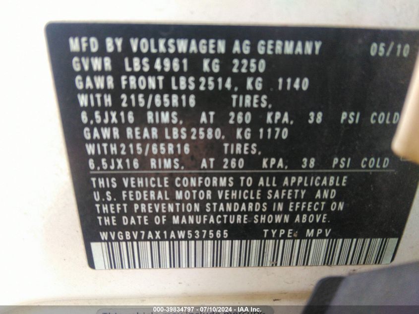 2010 Volkswagen Tiguan Se/Sel VIN: WVGBV7AX1AW537565 Lot: 39834797