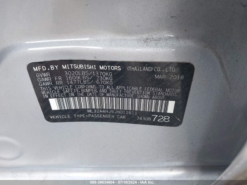 2018 Mitsubishi Mirage Se VIN: ML32A4HJ5JH011611 Lot: 39834804