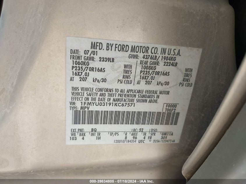 2001 Ford Escape Xlt VIN: 1FMYU03191KC67571 Lot: 39834805