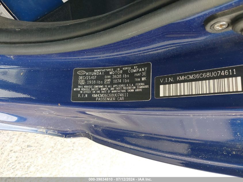 2008 Hyundai Accent Gs VIN: KMHCM36C68U074611 Lot: 39834810