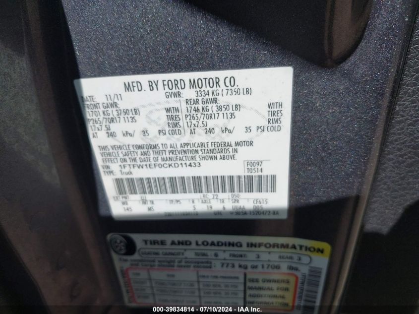 2012 Ford F-150 Xlt VIN: 1FTFW1EF0CKD11433 Lot: 39834814