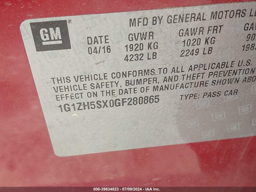 2016 Chevrolet Malibu Premier VIN: 1G1ZH5SX0GF280865 Lot: 39834823