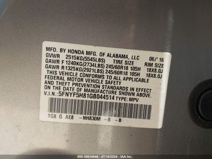 2016 Honda Pilot Ex-L VIN: 5FNYF5H81GB044514 Lot: 39834846