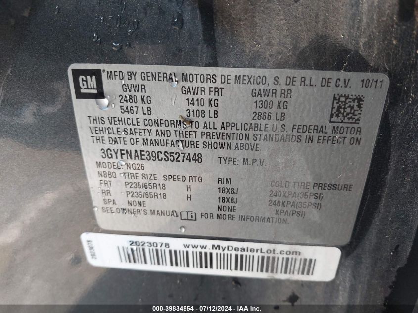 2012 Cadillac Srx Luxury Collection VIN: 3GYFNAE39CS527448 Lot: 39834854