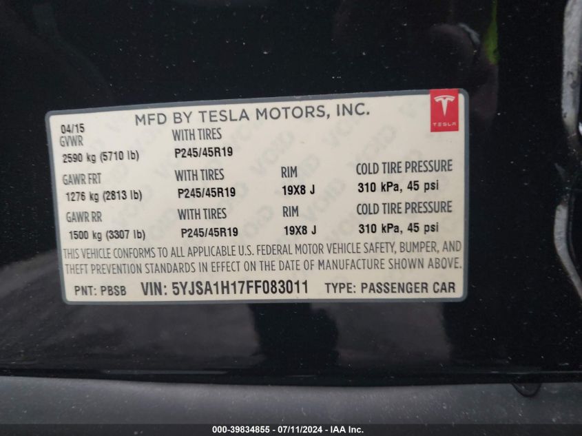 2015 Tesla Model S 60/70/85 VIN: 5YJSA1H17FF083011 Lot: 39834855