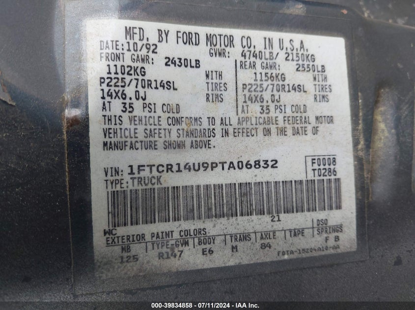 1994 Ford Ranger VIN: 1FTCR10A4RUC38294 Lot: 39834858