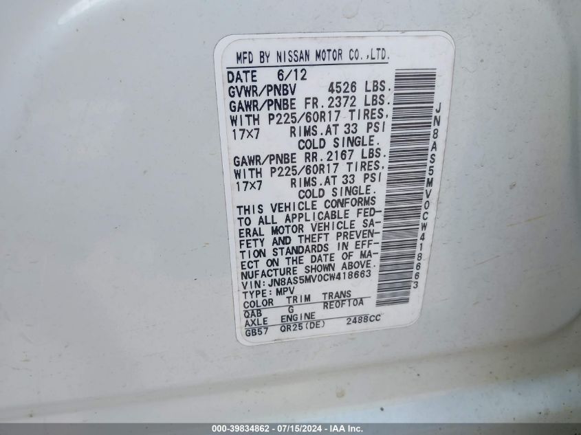 2012 Nissan Rogue Sv VIN: JN8AS5MV0CW418663 Lot: 39834862