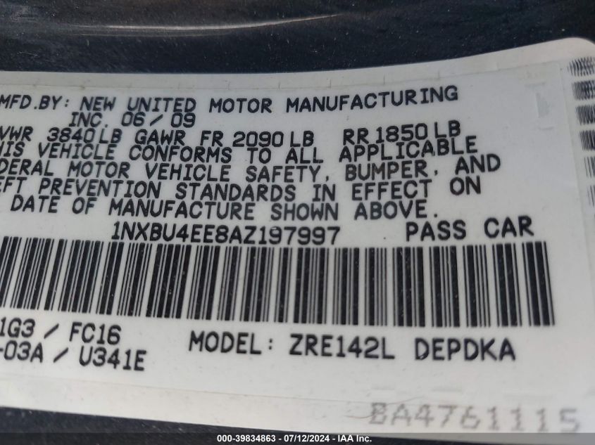 2010 Toyota Corolla S/Le/Xle VIN: 1NXBU4EE8AZ197997 Lot: 39834863