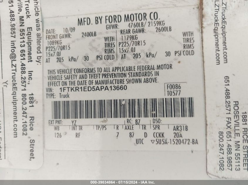 2010 Ford Ranger Xl/Xlt VIN: 1FTKR1ED5APA13660 Lot: 39834864