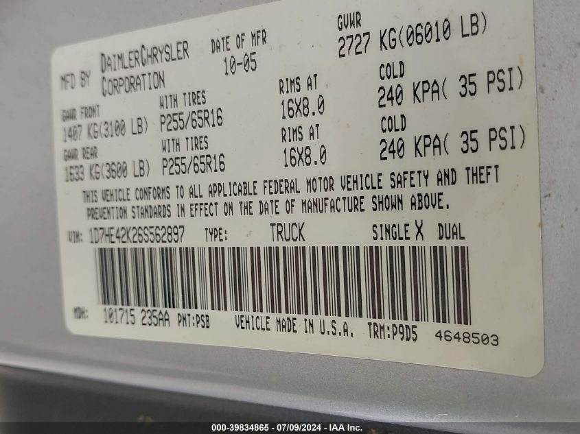 2006 Dodge Dakota Slt VIN: 1D7HE42K26S562897 Lot: 39834865