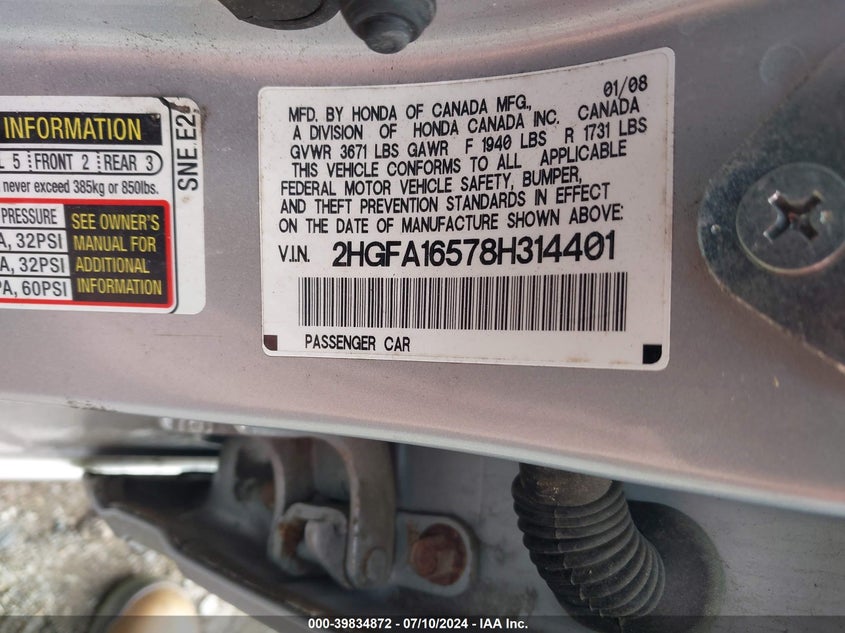 2008 Honda Civic Lx VIN: 2HGFA16578H314401 Lot: 39834872