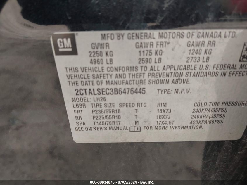 2011 GMC Terrain Sle-2 VIN: 2CTALSEC3B6476445 Lot: 39834876