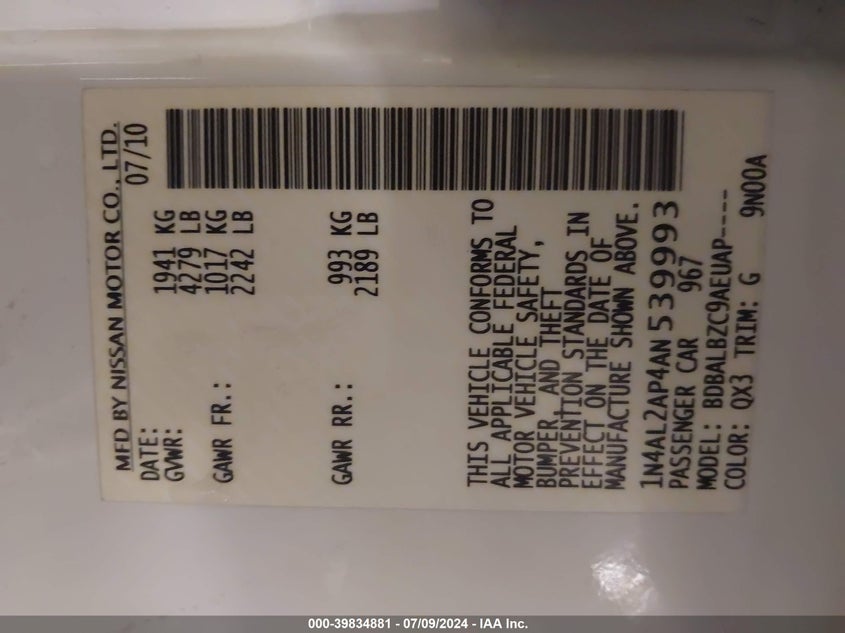 2010 Nissan Altima 2.5 S VIN: 1N4AL2AP4AN539993 Lot: 39834881