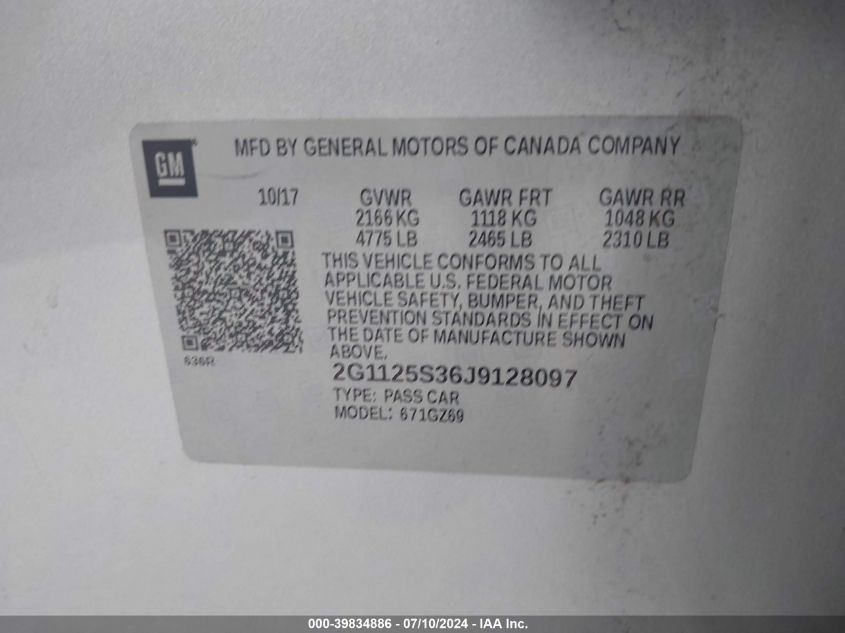 2018 Chevrolet Impala Premier VIN: 2G1125S36J9128097 Lot: 39834886