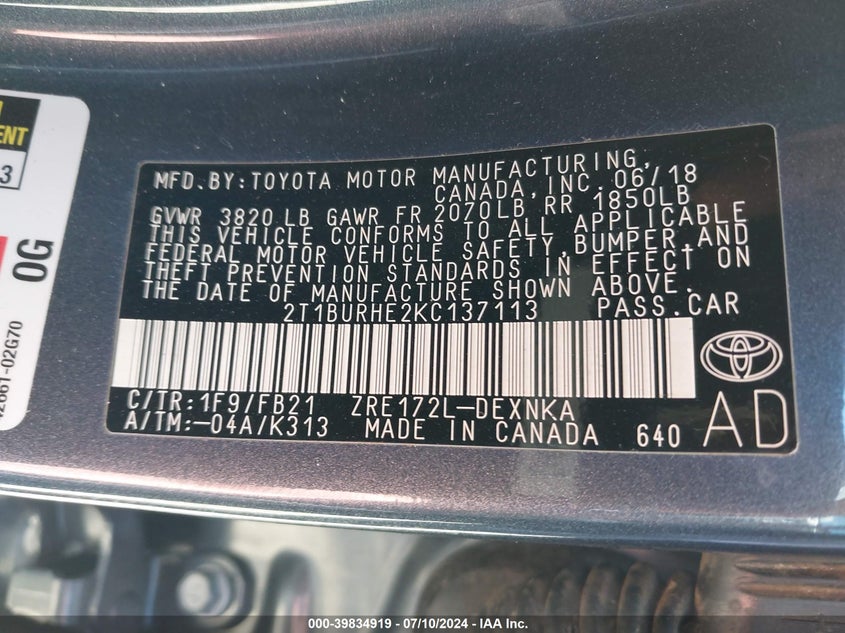 2019 TOYOTA COROLLA LE - 2T1BURHE2KC137113