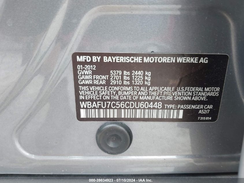 2012 BMW 535I Xi VIN: WBAFU7C56CDU60448 Lot: 39834923