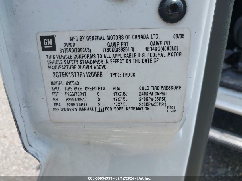 2006 GMC New Sierra K1500 VIN: 2GTEK13T761126686 Lot: 39834933