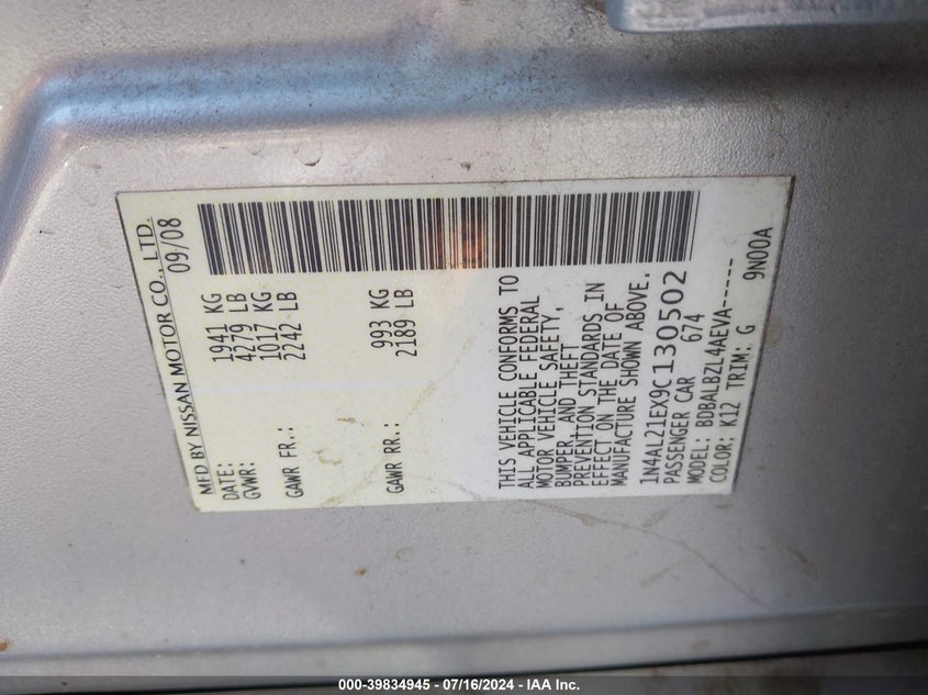 2009 Nissan Altima 2.5/2.5S VIN: 1N4AL21EX9C130502 Lot: 39834945