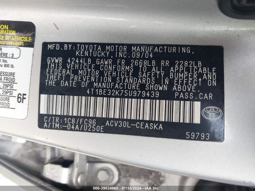 2005 Toyota Camry Se VIN: 4T1BE32K75U979439 Lot: 39834965