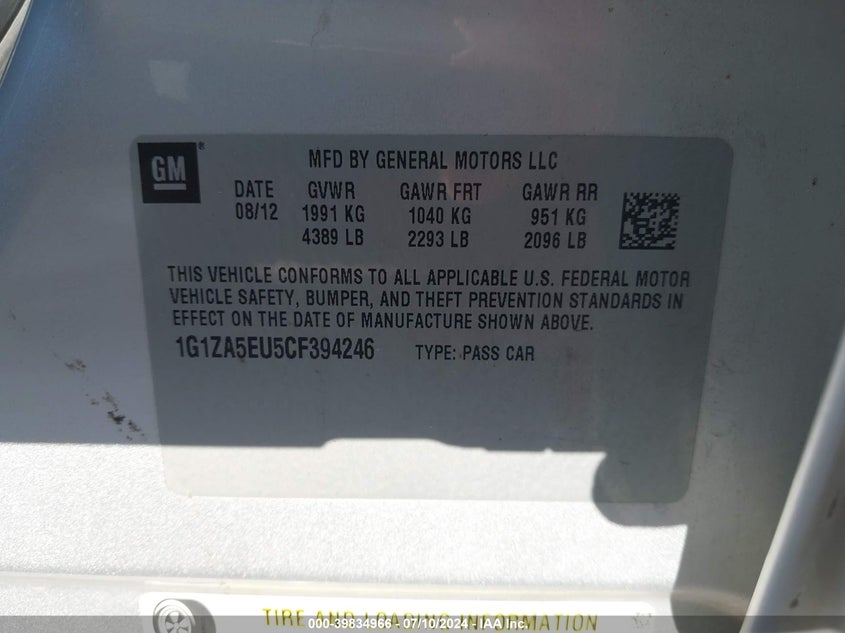 2012 Chevrolet Malibu Ls W/1Fl VIN: 1G1ZA5EU5CF394246 Lot: 39834966