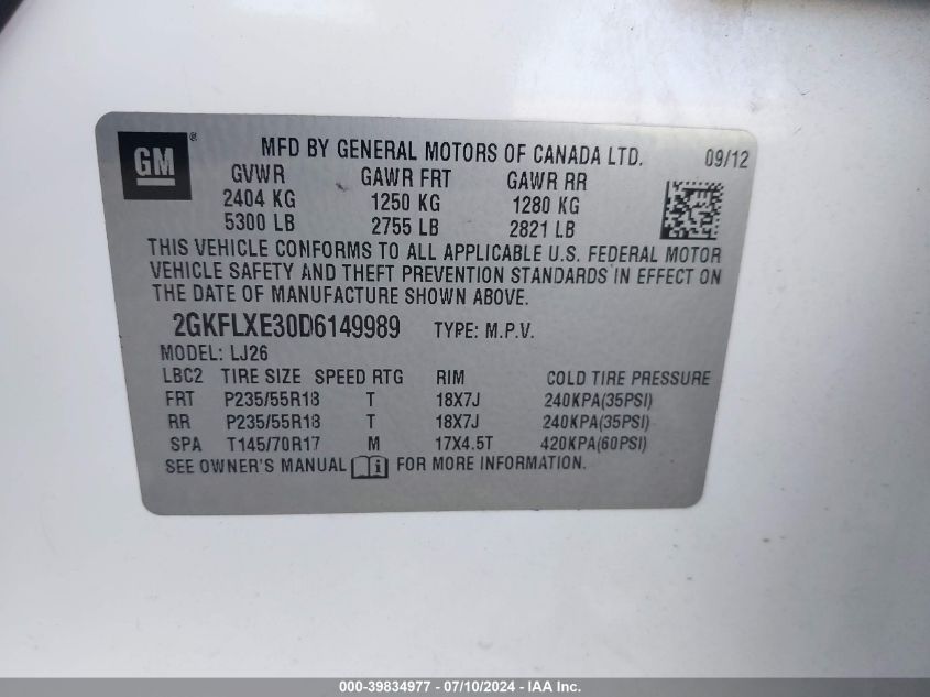 2013 GMC Terrain Slt-2 VIN: 2GKFLXE30D6149989 Lot: 39834977