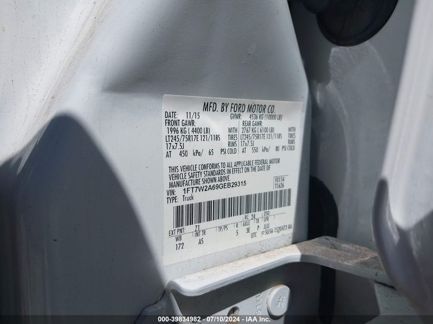 2016 Ford F-250 Xl VIN: 1FT7W2A69GEB29315 Lot: 39834982